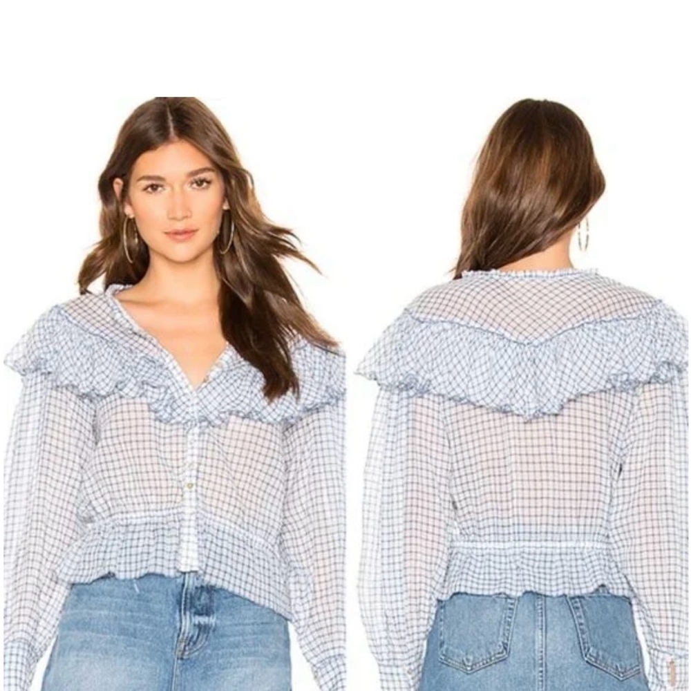 LoveShackFancy Blue Plaid Ruffle Blouse